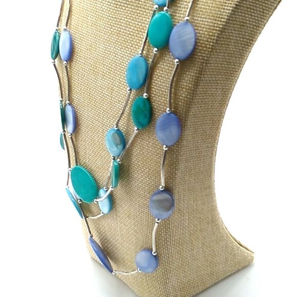 Triple Strand Shell Disc Necklace Turquoise Blue Silver-tone Tube Spacers - Picture 4 of 13